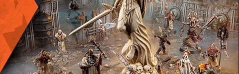 The image features a striking centerpiece statue of a winged figure, wielding a sword and adorned in ornate armor, surrounded by various miniatures representing the new Kill Team expansion. In the foreground, a group of ecclesiarchal militiamen, known as Sanctifiers, can be seen, including a Confessor and a small cherub, while in the background, the ferocious Goremongers, led by a Blood Herald, are positioned menacingly. The setting is richly detailed, with a backdrop of industrial ruins, enhancing the dramatic atmosphere of the scene.