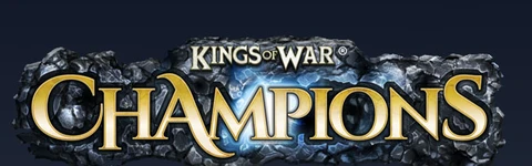 The image features the logo for "Kings of War: Champions," prominently displayed in a bold, stylized font. The word "Champions" is highlighted in a bright yellow color, contrasting against a dark, rocky background that adds a sense of depth and texture. The logo includes the trademark symbol for "Kings of War," indicating its connection to the established game series.