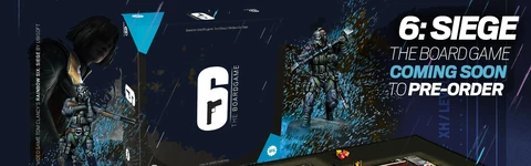 The image features the box art for the board game "6: Siege," based on Tom Clancy's Rainbow Six video game. The box displays a prominent white number "6" alongside a stylized gun graphic, with a character in tactical gear depicted in action on the right side. Below, a detailed game board is shown, featuring various colored miniatures representing players and obstacles, set against a vibrant, multi-colored background that suggests a tactical environment. The board includes marked areas and dice, emphasizing the strategic gameplay elements.