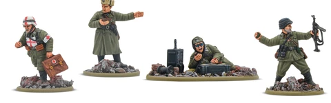 Three 28mm scale miniatures are displayed, featuring a Soviet commander in a long coat gesturing, a soldier crouched beside a radio, and another soldier lying on the ground, focused on a device. The miniatures are set on bases with rocky terrain, showcasing detailed sculpting and paintwork. Each figure represents different roles within a military context, emphasizing their unique poses and equipment.
