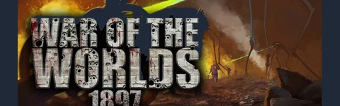 The image features a dramatic scene from "War of the Worlds 1897," showcasing a Martian tripod with a glowing blue beam aimed at a human figure in a desolate landscape. The background is filled with fiery hues, suggesting chaos and destruction. The title "WAR OF THE WORLDS 1897" is prominently displayed at the bottom in a bold, textured font, enhancing the game's thematic intensity. The overall atmosphere conveys a sense of peril and urgency, reflecting the narrative-driven survival RPG concept.