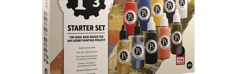 A box for the P3 Starter Set features a bold design with the P3 logo prominently displayed. The packaging showcases ten 18 ml dropper bottles of paint, including eight rich acrylics and two metallics, arranged in a visually appealing manner. Text on the box highlights the set as the ideal base range for hobby painting projects, emphasizing its creamy consistency, superior blending, and maximum pigment load.