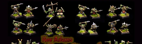 The image showcases a collection of dynamic goblin miniatures sculpted by Kev Adams, arranged on a dark background. There are 17 goblins prominently displayed, including a leader and a command group, all equipped with various weapons like spears and axes, along with 12 spearmen. Additionally, several runtlings are featured at the bottom, each with unique poses and expressions, highlighting their character and charm. The text "Kev Adams Goblins! Wave 2: Spears and Runtlings" is artistically integrated into the design, emphasizing the theme of the Kickstarter campaign.