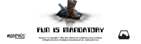 The image features the title "PARANOIA: THE UNCOOPERATIVE BOARD GAME" prominently displayed at the top, with a bold, stylized font. Below the title, a single brown boot is shown stepping into a cloud of smoke, suggesting a sense of mystery and tension. The tagline "FUN IS MANDATORY" is positioned beneath the boot, emphasizing the game's theme of enforced enjoyment. The background is mostly white, allowing the central elements to stand out, while the logo of Modiphius Entertainment is located in the bottom left corner.