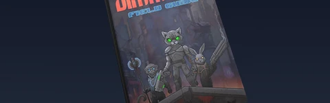 The image features the cover of the roleplaying game "Dimm City," showcasing a stylized illustration of three anthropomorphic characters. The central character, a cat-like figure with glowing green eyes, is dressed in futuristic armor and holds a weapon, flanked by two other characters that resemble a rabbit and another cat, both equipped with cybernetic enhancements. The background depicts a dark, urban environment, enhancing the CreaturePunk theme, while the title "Dimm City" is prominently displayed at the top in bold, red lettering.