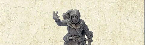 A grey resin miniature of the Master Fletcher stands on a circular base, depicted in a friendly pose with one hand raised in a gesture. He is dressed in a hooded cloak and tunic, with a quiver of arrows slung over his shoulder and a sword at his side. The background features a textured, light-colored surface that enhances the focus on the figure.