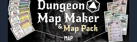 The image features promotional artwork for the "Dungeon Map Maker & Map Pack" Kickstarter by Doopy Games. The title is prominently displayed in a bold, stylized font, with a geometric symbol above it. Surrounding the title are various game elements, including cards showcasing character stats and abilities, and icons indicating language availability (English, Spanish, German, and French). The bottom of the image includes a call to action to support the project on Kickstarter, along with logos for PDF and print options. The background has a dark, atmospheric design that evokes a fantasy theme.