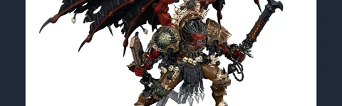 A large, intricately detailed statue of Angron, the Daemon Primarch of Khorne, stands prominently. He features massive, bat-like wings and a fierce expression, with a head that appears relatively small compared to his muscular body. Adorned with skulls and ornate armor, he wields a large sword in one hand and a weapon in the other, standing on a textured base that enhances the dramatic effect of the figure. The color palette includes deep reds, blacks, and metallic tones, emphasizing his menacing presence.