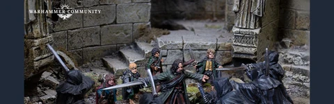 A dynamic scene depicts a confrontation between a group of cloaked figures, resembling Ringwraiths, and a diverse band of heroes from The Lord of the Rings. The heroes, including characters like Aragorn and Frodo, are positioned in a ruined stone setting, surrounded by overgrown foliage and debris. The Ringwraiths, dressed in dark, tattered cloaks, wield swords, creating a tense atmosphere as they face off against the protagonists. The intricate details of the miniatures highlight their distinct features and expressions, enhancing the narrative of this iconic moment.