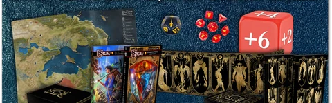13th Age Second Edition list of features in the kickstarter campaign detailing 2 books, GM screen, Velvet Map and a custom dice set