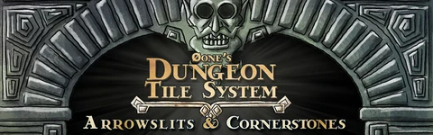 Dungeon Tile System - Arrowslits & Cornerstones logo showing a skull as the keystone in a dwarven stone archway.