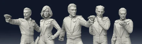 Five sci-fi miniatures are displayed, representing Galactic Explorers. Each figure is in a dynamic pose, with two holding futuristic weapons and the others in various stances suggesting action or readiness. The miniatures are detailed, featuring sleek, form-fitting suits and distinct hairstyles, all rendered in a light gray color that highlights their features. The background is a gradient from dark to light, emphasizing the figures.