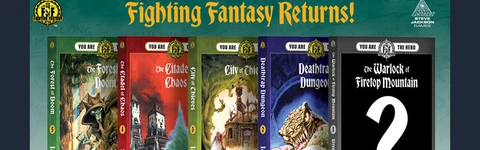 The image features five classic Fighting Fantasy adventure books lined up in a row, each with distinct cover art. From left to right, the titles are: "The Forest of Doom," "The Citadel of Chaos," "City of Thieves," "Deathtrap Dungeon," and "The Warlock of Firetop Mountain," which is marked with a question mark, indicating its cover is yet to be revealed. The covers showcase vibrant illustrations, with themes of fantasy and adventure, and the text prominently displays the titles and authors, Steve Jackson and Ian Livingstone. The background is a dark color, enhancing the visibility of the book covers and the bold title "Fighting Fantasy Returns!" at the top.