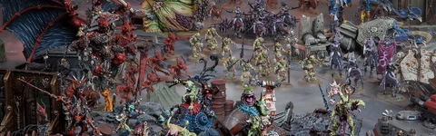 A dynamic scene showcases a variety of Warhammer miniatures representing the forces of Chaos. Prominently featured is a large, green-skinned figure, the Lord of Poxes, wielding a weapon and surrounded by smaller, grotesque Nurgle-themed models. In the foreground, red-armored Khorne warriors and other chaotic entities are depicted, set against a backdrop of ruined structures and a smoky atmosphere, emphasizing the dark and chaotic nature of the 41st millennium.