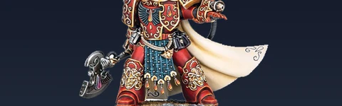 Aster Crohne, a new miniature from Games Workshop, is depicted as a Blood Angels veteran. He wears ornate red armor adorned with gold details and intricate patterns, complemented by a flowing white cape. In one hand, he wields a large, menacing weapon, while his other hand is outstretched, suggesting a commanding presence. The base features a sandy texture, enhancing the overall dynamic of the figure against a dark background.