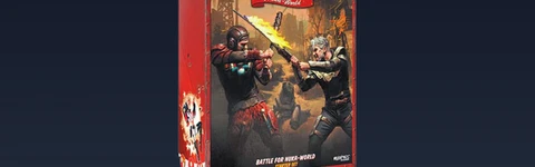The image features the starter set box for Modiphius' Fallout: Factions skirmish game. The box is predominantly red with the game's title prominently displayed at the top, along with the subtitle "Battle for Nuka-World." The artwork depicts two characters engaged in combat: one wielding a melee weapon and the other aiming a firearm, set against a post-apocalyptic backdrop. The overall design conveys a sense of action and adventure, fitting the game's theme.