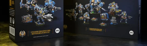 The image features two box sets from Steamforged Games for the Cygnar faction in the Warmachine tabletop game. On the left, the "Cygnar Gravediggers Battlegroup Box Set" showcases a warcaster and two warjacks, with vibrant blue and metallic details on the miniatures. On the right, the "Cygnar Gravediggers Command Starter" includes a more diverse array of models, featuring a heavy warjack, a three-model unit, and a character solo, all set against a dark background that highlights the colorful packaging and intricate designs.