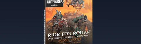 The cover of White Dwarf issue 510 features two mounted warriors from the Lord of the Rings universe, prominently showcasing a Rohirrim rider in vibrant armor and a flowing cape, alongside another figure in a more regal pose. The title "RIDE FOR ROHAN" is boldly displayed at the top, with additional text indicating the issue's focus on the Middle-earth Strategy Battle Game. The background depicts a dramatic landscape, enhancing the epic theme of the magazine. The overall color scheme combines earthy tones with striking highlights, creating an engaging visual for fans of the tabletop gaming hobby.