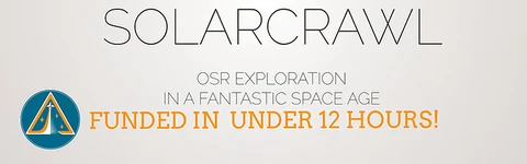 The image features a stylized illustration for the Solarcrawl RPG, showcasing a barren, alien landscape with rocky terrain and unusual, organic structures resembling large, spiraled shells. In the foreground, three astronauts in space suits are depicted near a spacecraft that has landed on the surface, while a large, mechanical structure looms in the background. The title "SOLARCRAWL" is prominently displayed at the top, accompanied by the text "OSR Exploration in a Fantastic Space Age" and a note indicating it was "FUNDED IN UNDER 12 HOURS!" in bold orange lettering. A blue emblem with a triangular symbol is also present, adding to the sci-fi theme.