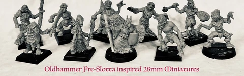 A collection of ten hand-sculpted, 28mm scale Chaos Beastmen miniatures is displayed prominently, showcasing a variety of dynamic and expressive designs. Each figure features unique characteristics, such as exaggerated limbs and distinct facial expressions, reflecting an Oldhammer aesthetic. The background includes stylized text announcing "Oldhammer Chaos Beastmen" and "Oldhammer Pre-Slotta inspired 28mm Miniatures," emphasizing the campaign's theme.