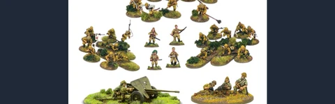 The image showcases a collection of Imperial Japanese miniatures from Warlord Games' new 'Revere the Emperor' bundle. It features 30 multi-pose plastic infantry figures, positioned in various stances, along with a 47mm light anti-tank gun and a Type 91 105mm medium howitzer, each displayed on grassy bases. Additionally, there are teams for a medium machine gun and a heavy mortar, all set against a white background, highlighting the detailed sculpting and painting of the miniatures.
