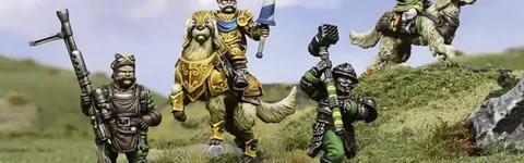 A group of halfling miniatures stands on a grassy terrain, showcasing their unique characteristics. In the center, a halfling in ornate armor rides a large, lion-like creature, holding a blue and white banner. To the left, another halfling wields a spear, while a third, dressed in green, brandishes a hammer. A fourth halfling rides a smaller, dog-like creature, completing the ensemble of pint-sized warriors. The background features a soft blue sky with scattered clouds, enhancing the whimsical atmosphere.