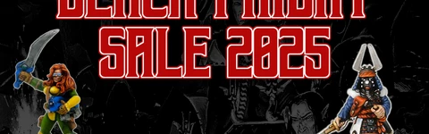 A promotional graphic for a Black Friday sale features two miniatures: a warrior with a sword and a character in traditional attire holding a weapon. The background is dark and textured, enhancing the focus on the miniatures. Text highlights the discounts available based on order amounts, with a special offer for a free promo miniature on orders over £50.