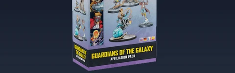 A box for the "Guardians of the Galaxy Affiliation Pack" for Marvel: Crisis Protocol features dynamic illustrations of the miniatures included, such as Star-Lord, Rocket, Groot, and Cosmic Ghost Rider. The packaging prominently displays the title "GUARDIANS OF THE GALAXY" at the bottom, with the Asmodee logo and game branding visible. The background is dark, enhancing the vibrant colors of the figures and the overall design.