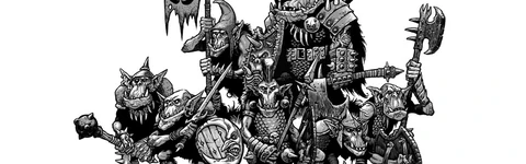 A group of fantasy orcs stands prominently in the foreground, each character displaying unique features and weaponry, including axes, shields, and a banner. The orcs are depicted in a stylized, black-and-white illustration, showcasing a variety of armor and expressions that convey their mischievous nature. Above them, the logo "DIE HARD Miniatures" is displayed in bold red letters, adding emphasis to the scene.