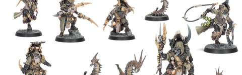 A collection of six intricately designed miniatures representing the Sha’dar Hunters from Necromunda, accompanied by their Arthromite spinewyrms. The hunters are clad in rugged, post-apocalyptic armor, featuring various weapons and gear, while the spinewyrms exhibit a segmented, menacing appearance. The bases of the miniatures are textured to resemble the harsh terrain of the Ash Wastes, enhancing the overall theme of survival in a desolate environment.