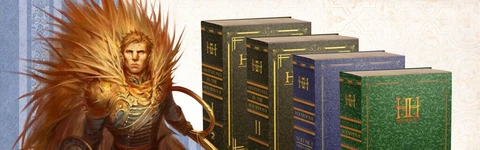 A heroic character stands prominently in the foreground, adorned in ornate armor with a striking feathered cape, holding a large sword and a shield. Behind him, several beautifully designed books are displayed, including titles like "Adventures in the Household" and "Volume II," each featuring distinct colors and elegant lettering. The background features a subtle striped pattern, enhancing the overall whimsical and adventurous theme of the scene.