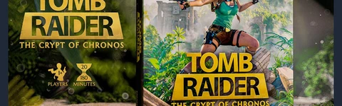 The image features the box art for the board game "Tomb Raider: The Crypt of Chronos." Prominently displayed is a dynamic depiction of Lara Croft, dressed in a teal tank top and cargo shorts, holding a gun in each hand, set against a lush, green jungle backdrop with ancient ruins. The title of the game is boldly presented in yellow text at the bottom, alongside details indicating it is designed for 1 to 4 players and has a playtime of approximately 180 minutes. The overall design conveys a sense of adventure and exploration, fitting for the Tomb Raider theme.