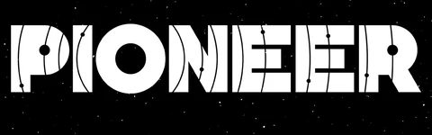 The word "PIONEER" is prominently displayed in bold, stylized letters against a black background speckled with white stars, evoking a sense of space and exploration. The letters incorporate circular and curved elements, suggesting planetary orbits, enhancing the theme of space travel. The overall design conveys a futuristic and adventurous tone, fitting for a space exploration tabletop RPG.