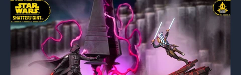 The image features a dynamic scene from the Star Wars: Shatterpoint game, showcasing miniatures of Ahsoka Tano and Darth Vader engaged in a duel. Ahsoka, wielding two lightsabers, is positioned in an action pose, while Darth Vader stands menacingly with his red lightsaber drawn. The backdrop includes a detailed scenic terrain piece resembling a Sith temple, with swirling purple energy and mist adding to the dramatic atmosphere of their confrontation.