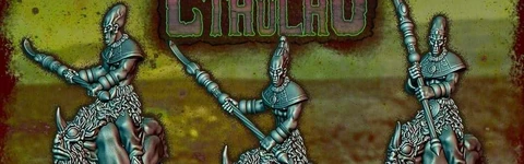 Humanoid aliens with spears riding horned, alien horses