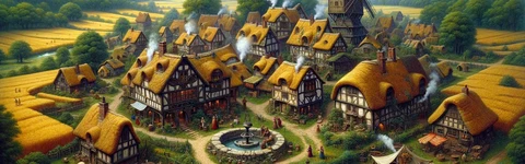 Thistleford Village, nestled along a river. 