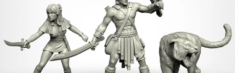 A set of three fantasy miniatures features a muscular male hero wielding a sword and holding a falcon, alongside a svelte female character brandishing a dagger. Both figures are depicted in a dynamic pose, showcasing intricate details in their clothing and accessories, reminiscent of 80s high-fantasy cinema. The miniatures are presented in a light gray color, highlighting their sculptural features.