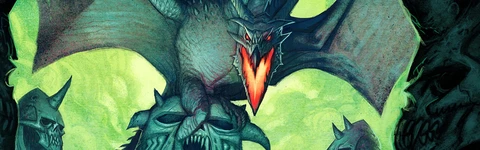 An image of a Dragon sitting on a dwarven statue with it's wings wide and mouth open