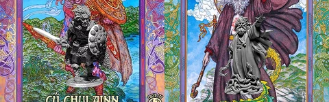 The image features two collectible miniature boxes from Lucid Eye Publications, showcasing artwork inspired by Jim Fitzpatrick. On the left, the box for "Cú Chulainn" displays a dynamic illustration of the legendary hero, adorned with intricate Celtic patterns and vibrant colors. On the right, the "St. Patrick" box features a detailed depiction of the saint, surrounded by swirling clouds and lush greenery, with a sculpted miniature prominently displayed in the foreground.