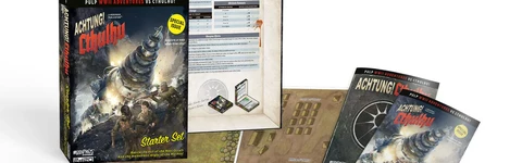 The box contents show the box, maps, tokens, reference sheets, rule and adventure book and a set of dice