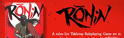 A striking image features the cover of the tabletop roleplaying game Rōnin, set against a bold red background. The artwork depicts a samurai character in a dynamic pose, wielding a sword, with a stylized logo of the game prominently displayed above. Below the character, descriptive text highlights that Rōnin is a rules-lite tabletop RPG focused on mythical, samurai-inspired themes of honor and combat.