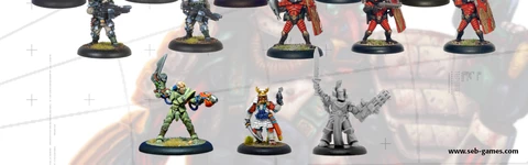 A collection of miniature figures showcases two new additions to the webshop. The top row features several armored warriors, including a fierce warrior from the Leviathan Classic Range, who channels Earthpower, and multiple Convict Auxilia in red armor, equipped for close combat. The bottom row includes a diverse array of characters, such as a figure in green with a bow, a samurai-inspired warrior, and a gray figure wielding a large weapon, all set against a subtle background.
