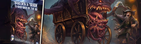 A whimsical and slightly eerie scene features a large, monstrous cart with a gaping mouth filled with sharp teeth, and tentacles extending from its sides. In the foreground, a jovial wizard, dressed in a dark robe and a pointed hat, holds a tankard and appears to be enthusiastically gesturing towards the cart. The background is illuminated by flickering lanterns, with dark stormy skies and flashes of lightning adding to the dramatic atmosphere.