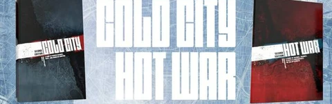 The image features two tabletop role-playing game book covers side by side, set against a faintly detailed map background. On the left, the cover for "Cold City" is predominantly black with a red stripe, while the right cover for "Hot War" has a dark red background with a white stripe across the middle. The title "COLD CITY HOT WAR" is prominently displayed in bold, white letters across the center, emphasizing the connection between the two games. The overall aesthetic conveys a sense of tension and intrigue, fitting the themes of espionage and supernatural horror.