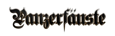 The logo for "Panzerfäuste" features the game's name in an ornate, gothic-style font. The letters are predominantly black with a slight metallic sheen, giving it a bold and striking appearance. The design includes sharp edges and flourishes, particularly on the letters "ä" and "f," which add a sense of fantasy and drama to the overall look. The logo is set against a plain white background, enhancing its visibility and impact.