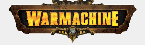 The image features the logo for "Warmachine," prominently displayed with bold, fiery orange letters against a textured black and gold background. Above the text, there are mechanical elements, including pipes and gears, adding to the industrial theme of the Iron Kingdoms. The overall design conveys a sense of power and excitement, fitting for a tabletop gaming experience.