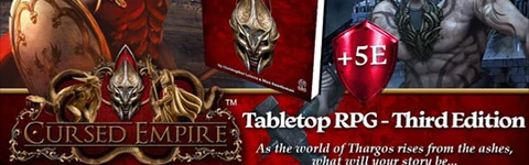 A promotional image for the Cursed Empire RPG features a striking design with a red and gold color scheme. In the foreground, a detailed book cover for "Cursed Empire - Third Edition" is prominently displayed, alongside a shield icon indicating compatibility with 5E systems. Flanking the book are two characters: a heavily armored warrior on the left and a menacing creature on the right, both set against a backdrop of medieval towers and a dark, atmospheric sky.