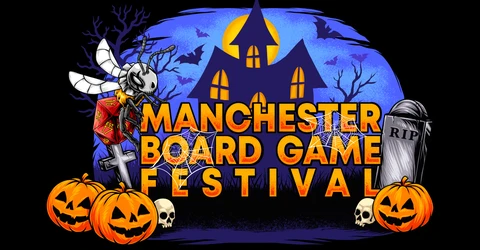A vibrant graphic features the text "MANCHESTER BOARD GAME FESTIVAL" prominently displayed in bold, orange letters against a dark, spooky backdrop. The scene includes a haunted house with glowing windows, bats flying in the night sky, and various Halloween-themed elements like pumpkins, skulls, and spider webs. The overall atmosphere is festive and eerie, perfectly capturing the Halloween spirit of the event.