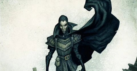 A tall, skeletal figure stands menacingly in a graveyard, wearing dark, tattered clothing and a hooded cloak. The character has a gaunt face with exaggerated features, including sharp cheekbones and a wide, sinister grin. In the background, weathered gravestones are partially obscured by mist, enhancing the eerie atmosphere of the scene.