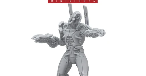 A detailed gray resin miniature from the Mass Effect universe stands on a circular black base, depicting a humanoid figure with a sleek, armored design. The figure features intricate mechanical details, including visible joints and a raised arm holding a weapon, suggesting a combat-ready stance. The Mass Effect logo is prominently displayed at the top, along with the Modiphius Entertainment branding at the bottom.